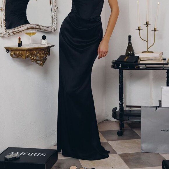 New Black One Shoulder Sheath Prom Soft Satin Gown w/ Drape Waistline CD T727 - Picture 10 of 10